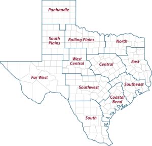 A map of the 12 Texas A&M AgriLife Extension districts.