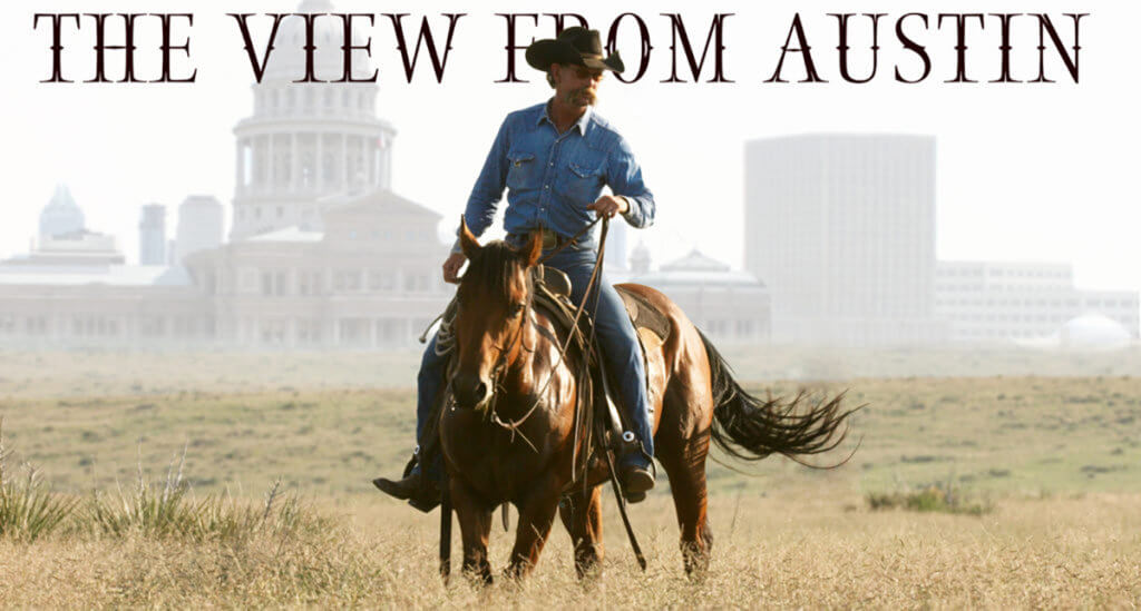 Rancher on horse in field with "The View from Austin" headline behind him