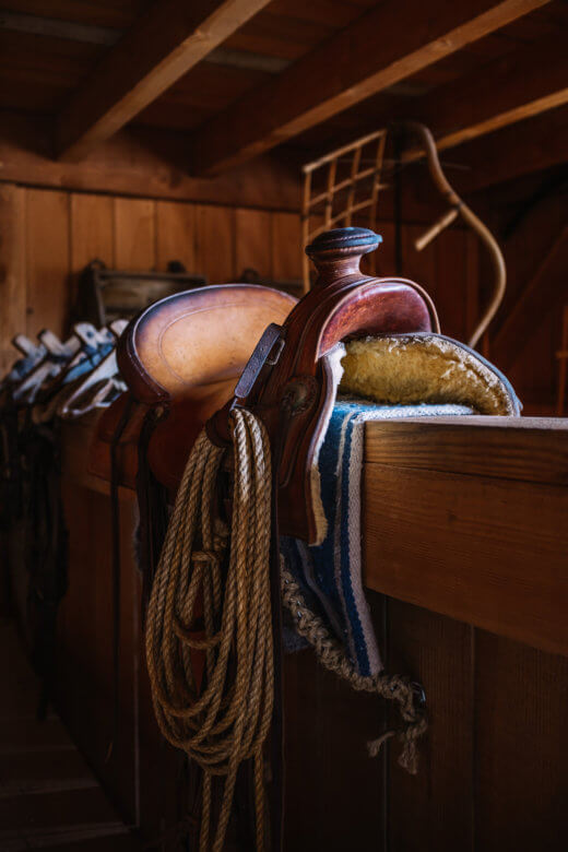 saddle hanging over a horse stall